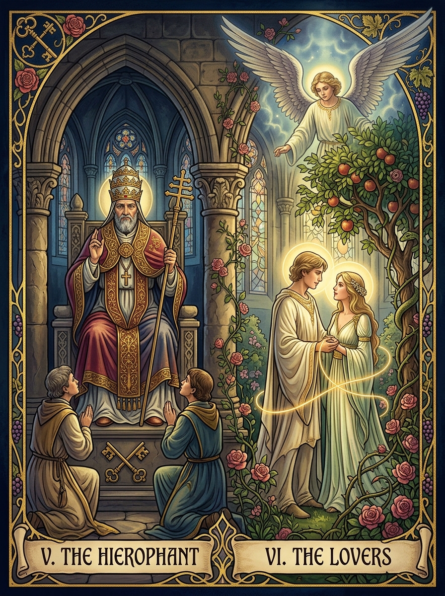 The Hierophant and The Lovers Tarot Combination: Marriage of Law and Desire