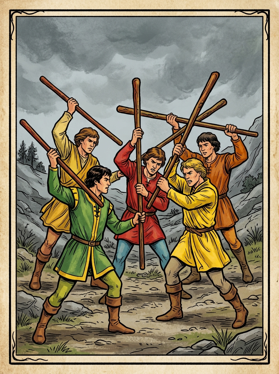 Cinco de Bastos en el Tarot: Significado, Simbolismo y Lectura