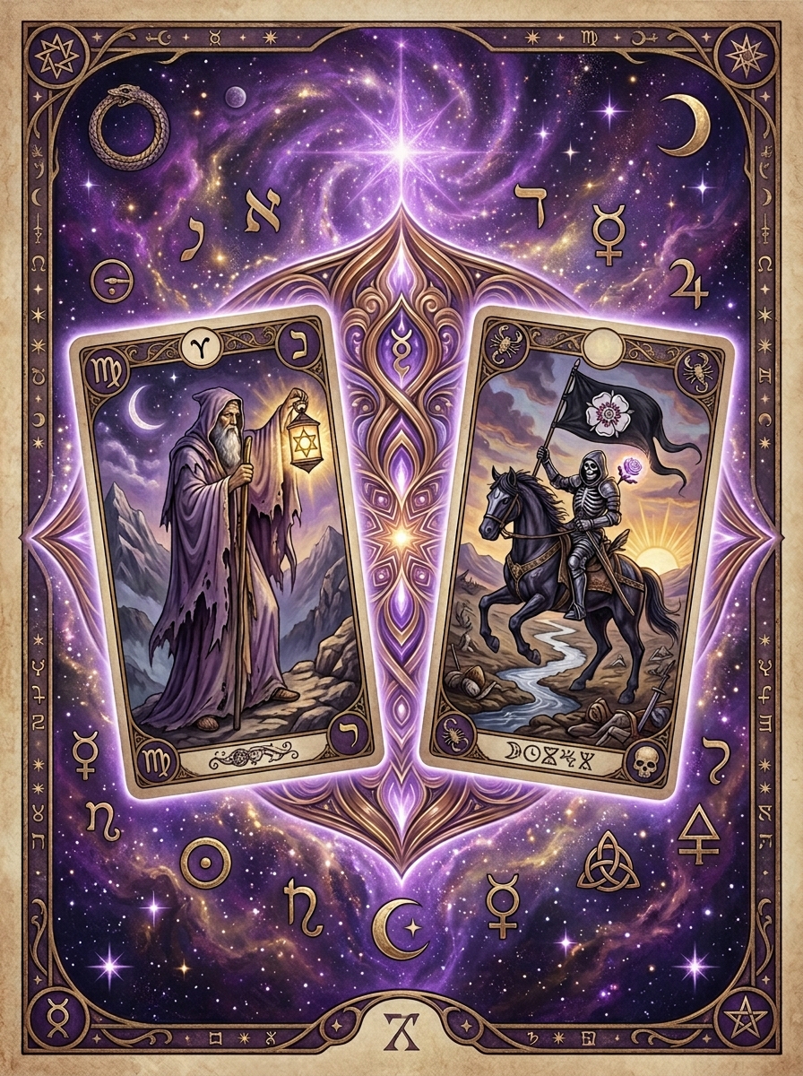Combinación de El Ermitaño y La Muerte en el Tarot: El Sendero del Silencio y la Transmutación