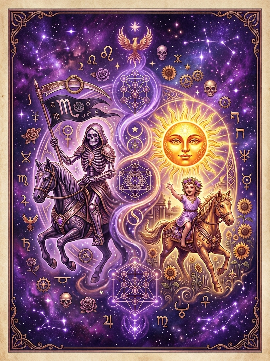 Combinaison Mort et Soleil au Tarot : mort initiatique et renaissance lumineuse