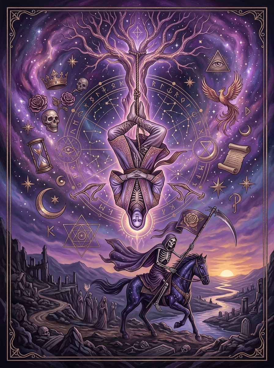 Combinaison Pendu et Mort au Tarot : L'Alchimie de la Suspension et de la Transmutation