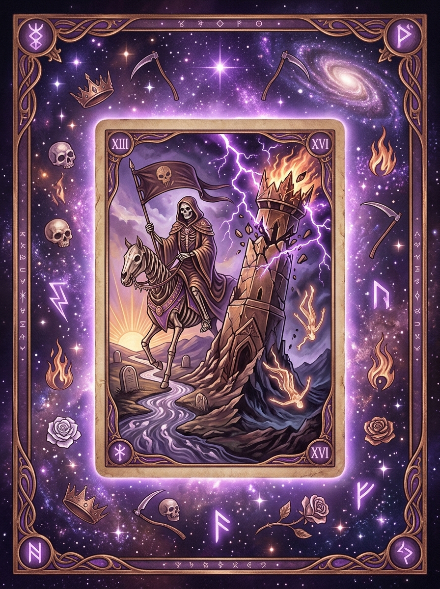Combinaison Tarot : La Mort et La Tour — Transformation radicale et renaissance authentique
