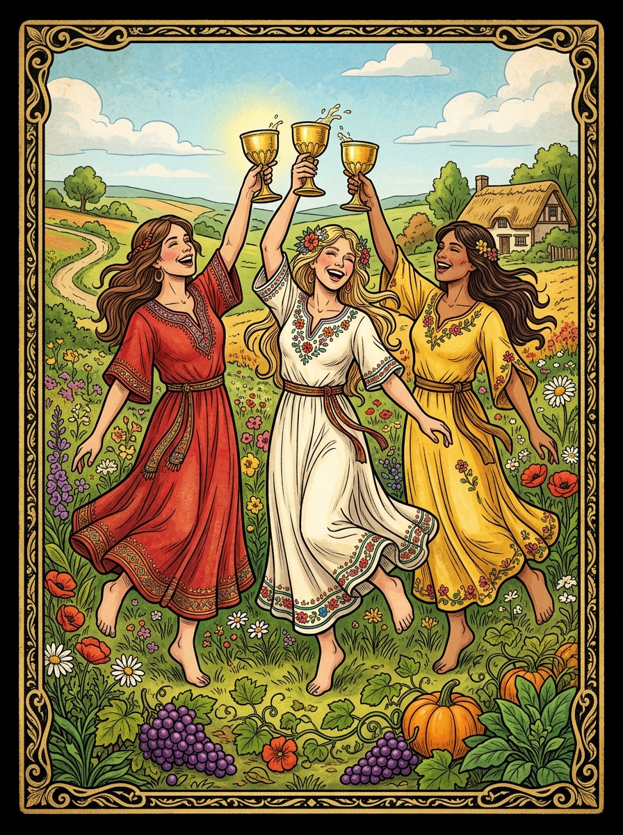 Trois de Coupes : Célébration, Amitié et Sororité dans le Tarot